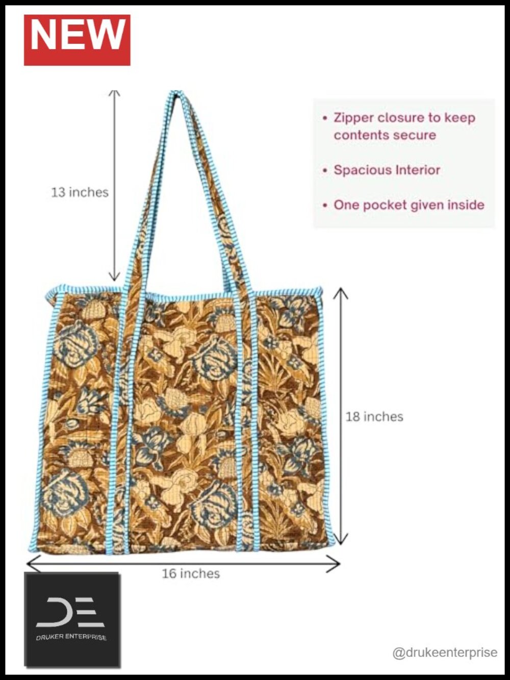 Handblock Print Quilted 100% Cotton Floral Large Shoulder Tote Bag with Pocket